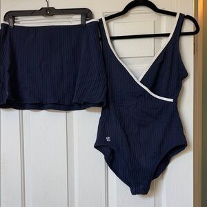 Lauren by Ralph Lauren Navy Blue Swimsuit Set with White Trim and Separate Skiet